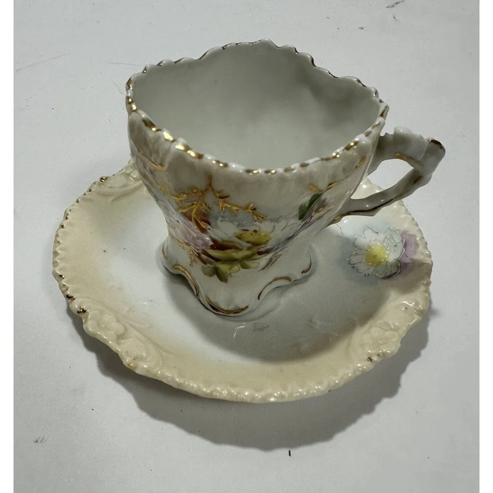 Vintage‎ Victorian Miniature Porcelain Square Floral Tea Cup & Saucer